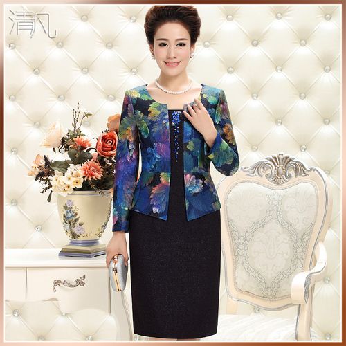 清凡高檔婚禮媽媽裝連衣裙長(zhǎng)袖春裝新款時(shí)尚藍(lán)色假兩件結(jié)婚禮服裝產(chǎn)品